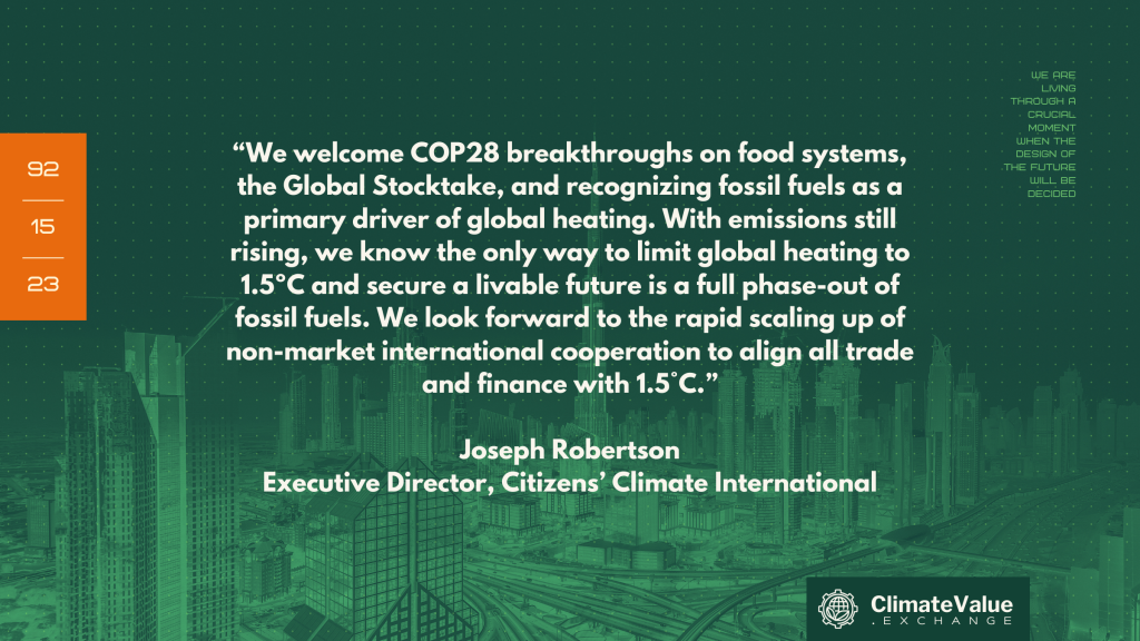 COP28 calls for transition away from fossil fuels, toward integrated climate value economy
